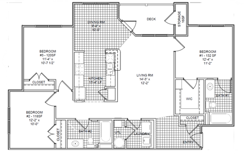 Floor plan for 3 beds, 2 baths, 1219 sqft